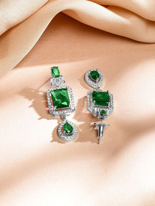 Rhodium-Plated Emerald Green & AAA Cubic Zirconia Jewellery Set in Silver Tone