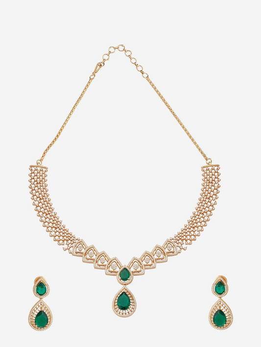 Gold Plated Cubic Zirconia Studded Necklace & Earrings