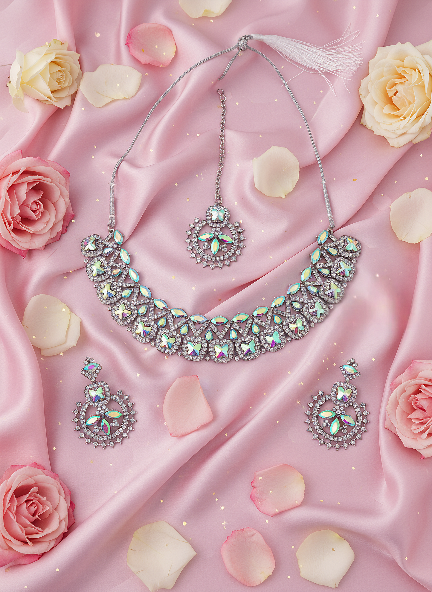 ✨ Rhodium Rainbow Stone Necklace Set – Premium Party Wear Jewelry