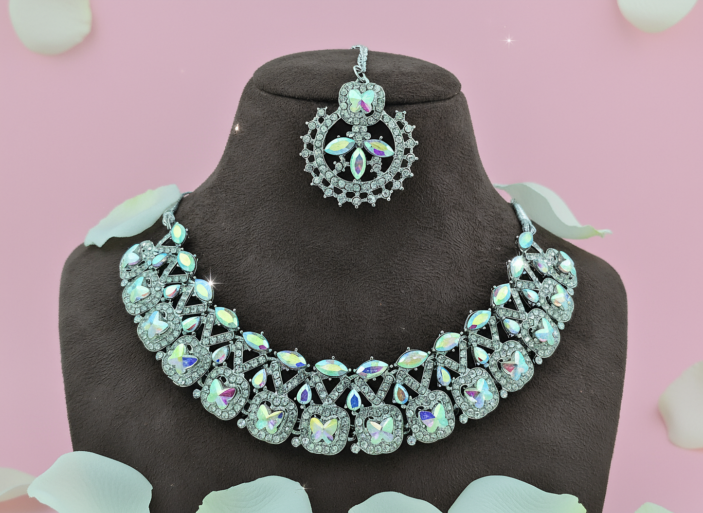✨ Rhodium Rainbow Stone Necklace Set – Premium Party Wear Jewelry