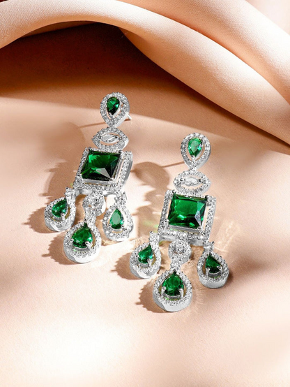 Rhodium-Plated Emerald Green & AAA  Cubic Zirconia Jewellery Set in Silver Tone