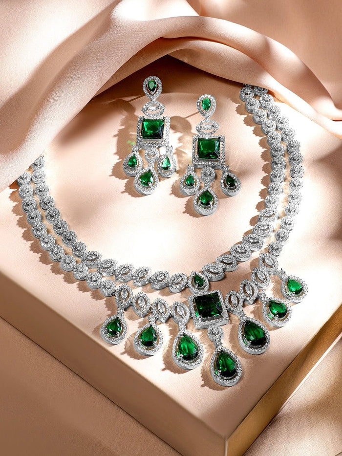 Rhodium-Plated Emerald Green & AAA  Cubic Zirconia Jewellery Set in Silver Tone