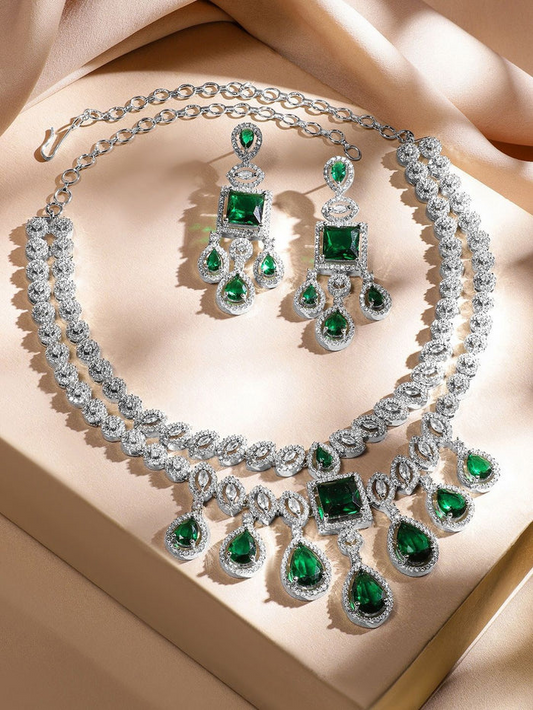 Rhodium-Plated Emerald Green & AAA  Cubic Zirconia Jewellery Set in Silver Tone