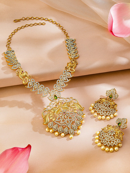 24K Gold Plated Ruby & Emerald Cubic Zirconia Studded Traditional  Jewelry Set
