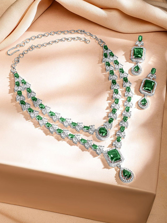 Rhodium-Plated Emerald Green & White Cubic Zirconia Studded Luxe  Layer Necklace Se