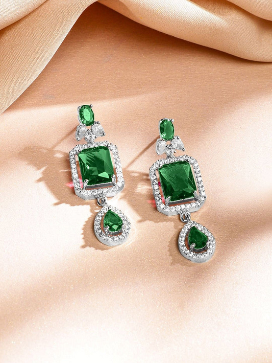 Rhodium-Plated Emerald Green & White Cubic Zirconia Studded Luxe  Layer Necklace Se