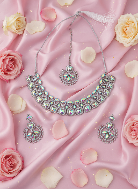 ✨ Rhodium Rainbow Stone Necklace Set – Premium Party Wear Jewelry