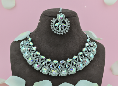 ✨ Rhodium Rainbow Stone Necklace Set – Premium Party Wear Jewelry